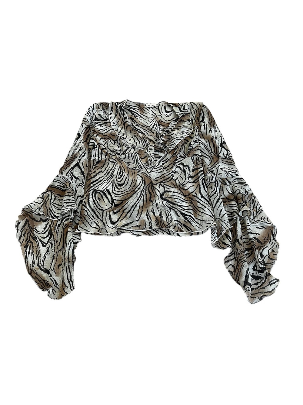 Vintage Animal Print Crinkled Ruffle Blouse Bell Sleeve Tie Back Boho Chic
